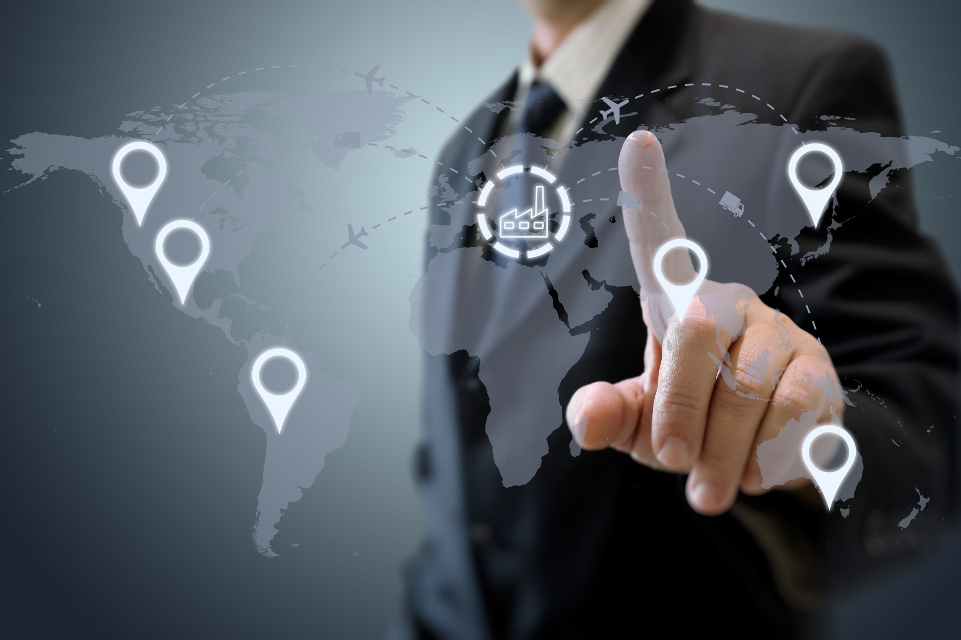 Global shipping logistic export trade network transportation connection delivering businessman pointing touching screen choosing
